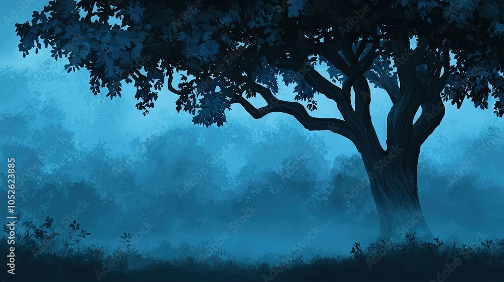 Fototapeta premium A tree in a foggy forest, painted against a blue sky background
