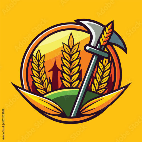 Wheat stalks and a sickle in a circular emblem.