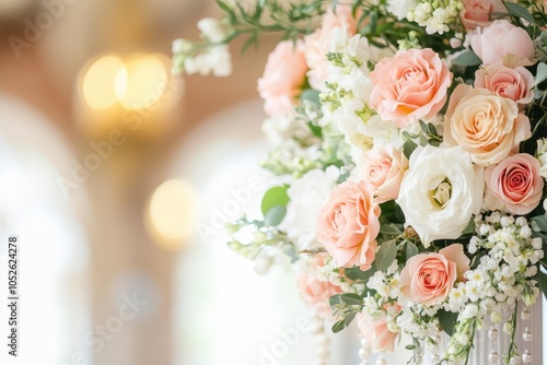 Beautiful bouquet of soft pastel roses, elegantly arranged for a blurry romantic setting.
