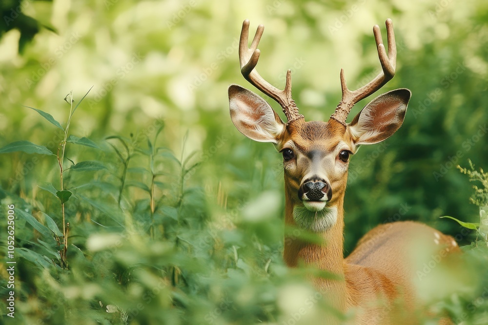 Fototapeta premium Majestic Elk in Wooded Forest Locks Eyes with Photographer