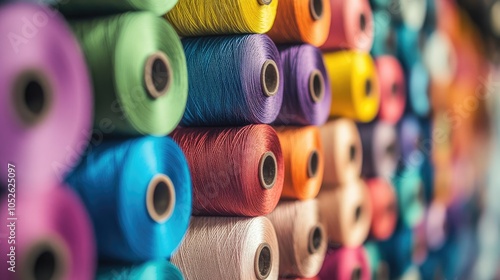 Colorful spools of sewing threads displayed in a textile workshop highlighting the vibrant selection utilized in garment manufacturing