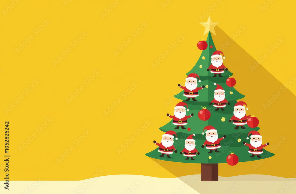 Festive christmas tree with santa ornaments on vibrant yellow background for holiday greetings Festive christmas tree with santa ornaments on vibrant yellow background for holiday greetings