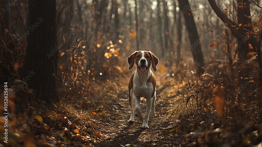Beagle Dog Walking Through Autumn Forest Beagle Dog Walking Through Autumn Forest