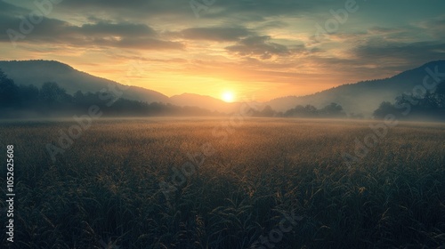 Tranquil field illuminated by a serene sunrise