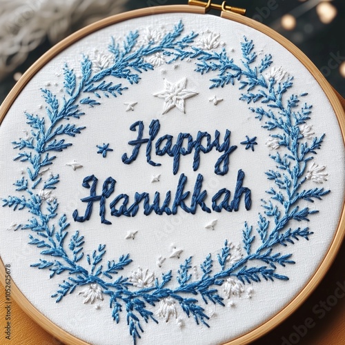 Happy Hanukkah Embroidery Hoop with Blue and White Festive Wreath Design photo