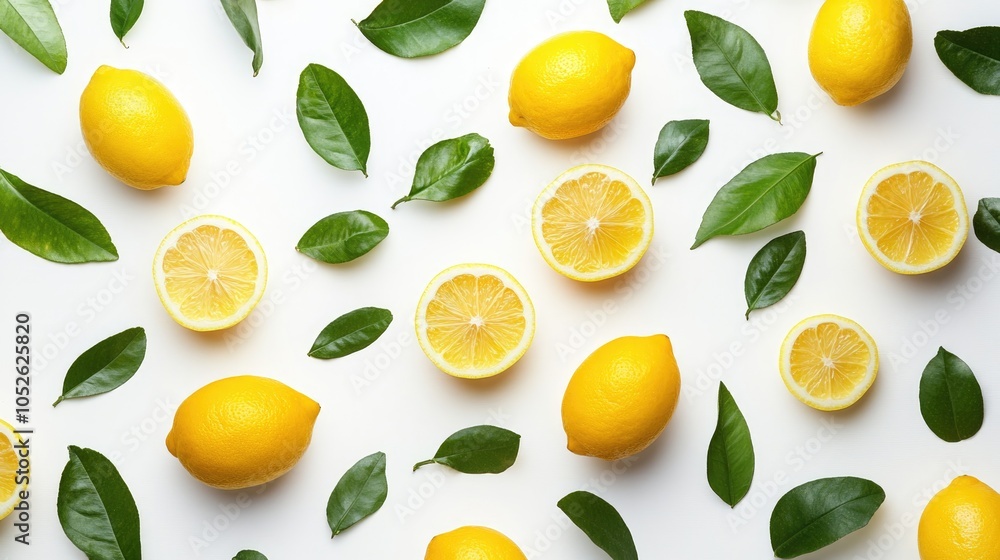 Obraz premium Lemons and leaves arrangement isolated on a white background