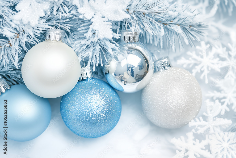 Christmas Balls and Decorations on Winter-Themed Background in Snowy Blue, Icy Silver, and Crystal White Christmas Balls and Decorations on Winter-Themed Background in Snowy Blue, Icy Silver, and Crystal White