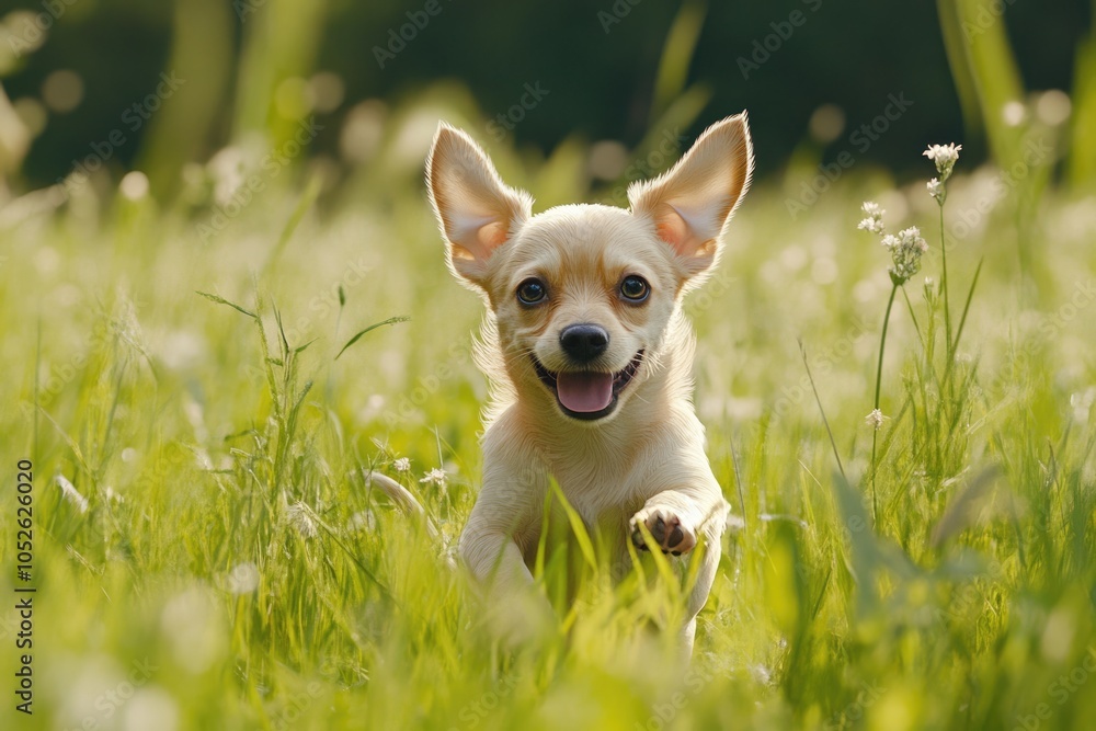 Adorable Puppy Running and Playing in Summer Spring Grass Adorable Puppy Running and Playing in Summer Spring Grass