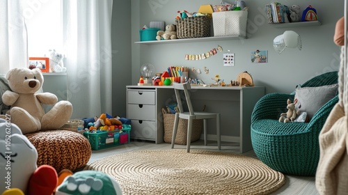 Kida??s room with round shelf, gray desk, green armchair, braided rug, plush toys, and personal accessories photo