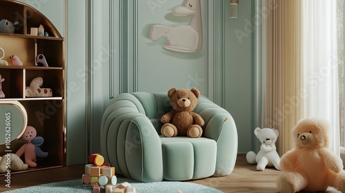 Kida??s room with toys, teddy bear, mint armchair, and stylish decor photo