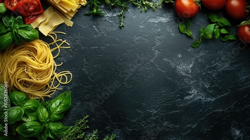 Variety of dry pasta accompanied by vegetables and herbs on a dark stone surface Ample space for text Aerial perspective photo