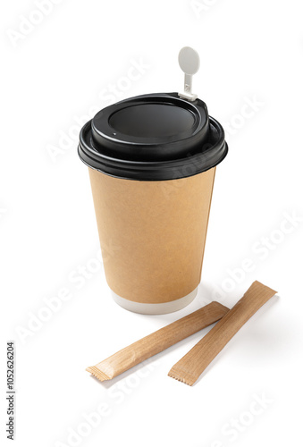 Blank Kraft Coffee Cup for Takeaway, plastic spoon and and yellow sugar in paper sachets, isolated on white background including clipping path