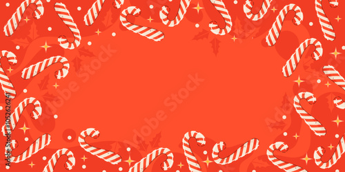 Candy Cane Christmas Border on Red Background. Holiday Frame with Candy Canes and Stars. 