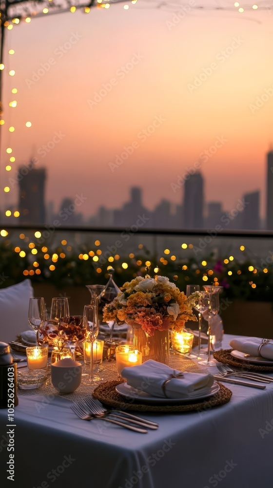 Naklejka premium Romantic Rooftop Dinner: Cityscape Sunset 