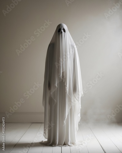 Ghostly figure in white shroud standing on wooden stage. photo