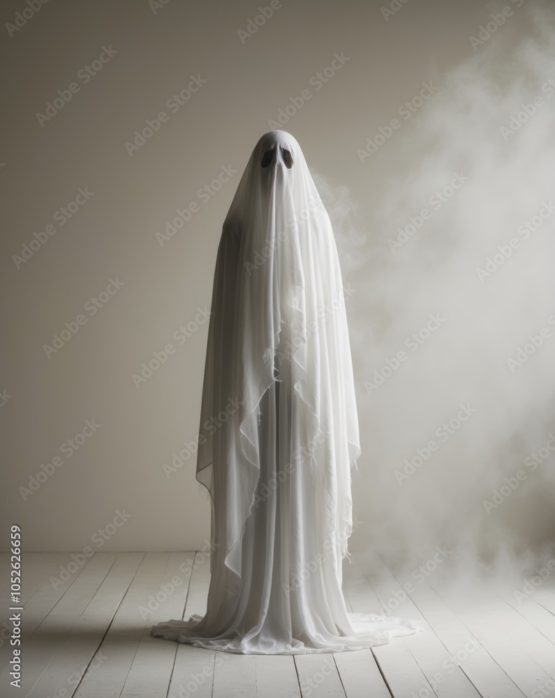 Ghostly figure in white shroud standing on wooden stage. Ghostly figure in white shroud standing on wooden stage.