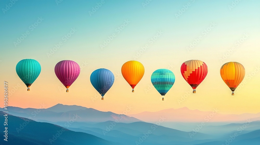 Fototapeta premium A hot air balloon flight over a mountain range at dawn with vibrant skies as the backdrop