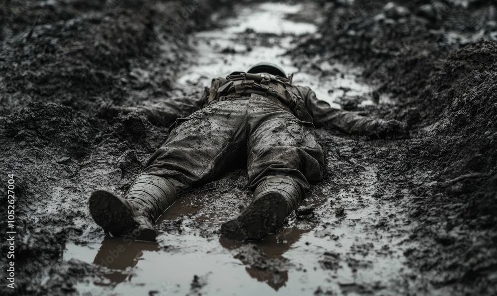 Naklejka premium Soldier lying in mud, war scene.