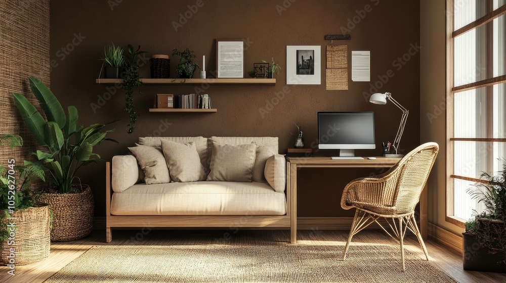 Living room with beige sofa, wooden desk, rattan chair, brown wall, and personal accessories Living room with beige sofa, wooden desk, rattan chair, brown wall, and personal accessories