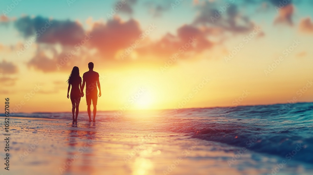 Fototapeta premium Three people walking hand in hand along the beach during a vibrant sunset near the ocean