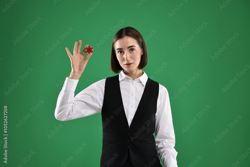 Croupier with casino chip on green background Croupier with casino chip on green background