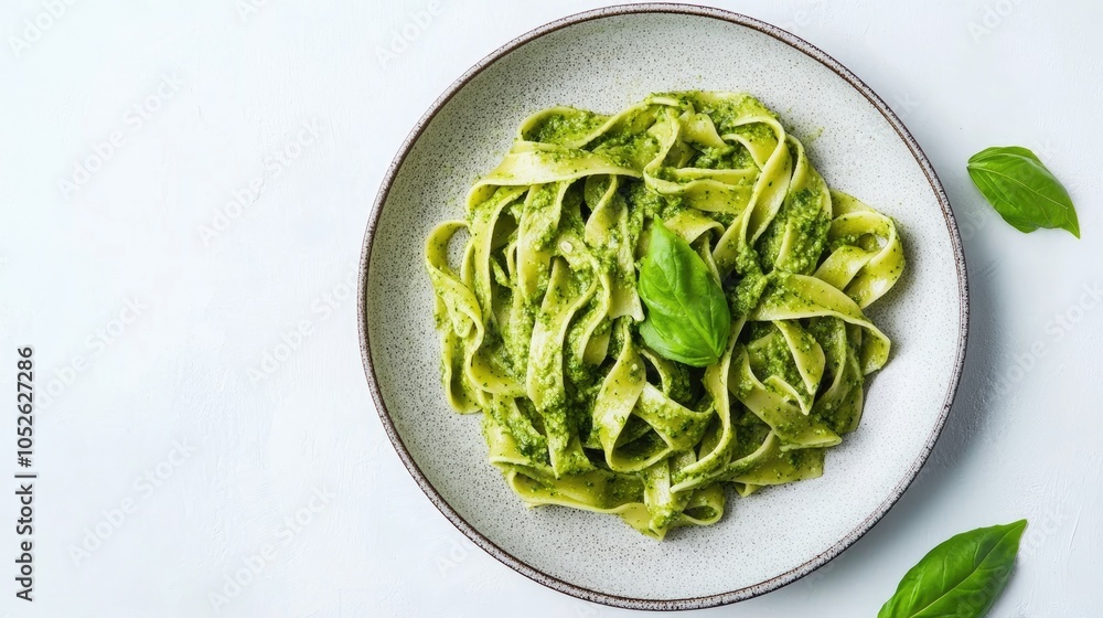 Top down view of green pasta served with pesto sauce on a plate Top down view of green pasta served with pesto sauce on a plate