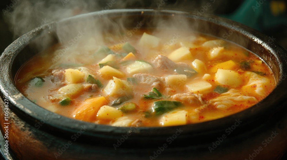 Steaming Vegetable and Meat Soup in a Clay Pot Steaming Vegetable and Meat Soup in a Clay Pot