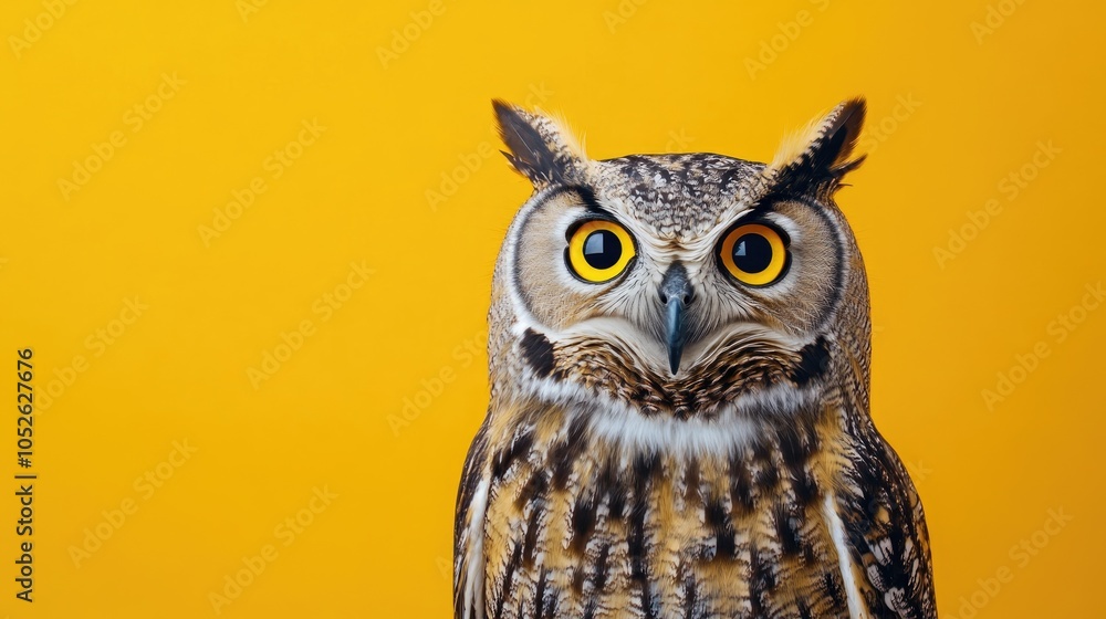 Surprised owl in a studio portrait set against a vibrant yellow background Surprised owl in a studio portrait set against a vibrant yellow background