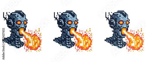 A pixel art image of a robotic head with glowing red eyes breathing fire from its mouth creating a dynamic and intense scene