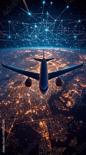 A modern airplane flies over a city at night, showcasing vibrant lights and a network-like pattern in the sky, symbolizing global connectivity and advanced technology. photo