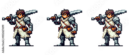 The pixel warrior stands confidently holding a large sword, wearing armor and a white tunic with a brown belt and bag.