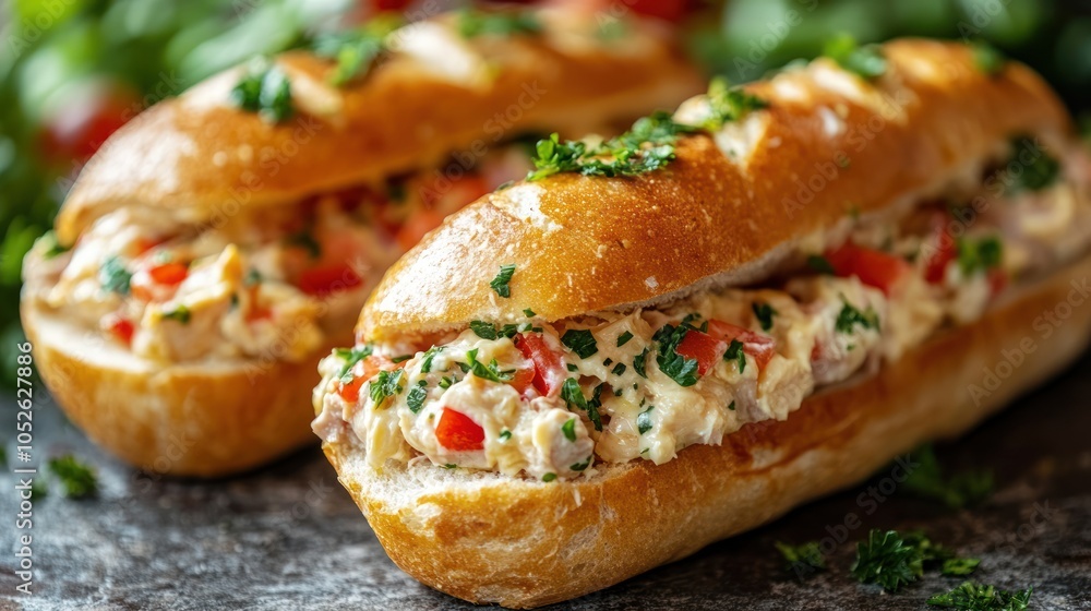 Two delicious sandwiches filled with egg salad, red pepper, and parsley on a rustic background. Two delicious sandwiches filled with egg salad, red pepper, and parsley on a rustic background.