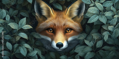 Hyper-Realistic Vector Illustration of a Fox Peeking Out from Behind Leaves in a Forest

 photo