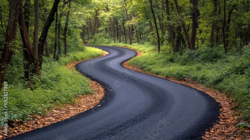 Winding road through lush green forest in the early morning sunlight