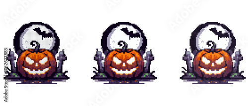 A glowing jack-o'-lantern with a sinister grin sits in front of a full moon with a bat flying across it and gravestones nearby