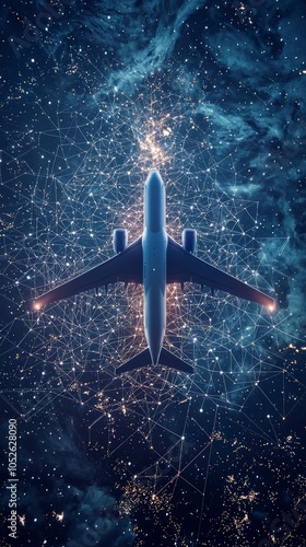 A plane traverses an ethereal cosmic network, surrounded by swirling patterns reminiscent of a distant galaxyscape, capturing the spirit of exploration and creativity. photo