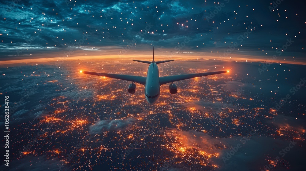 An airplane flies over a city illuminated by glowing lights at sunset, set against a backdrop of vibrant stars and dramatic skies, representing travel and wonder. An airplane flies over a city illuminated by glowing lights at sunset, set against a backdrop of vibrant stars and dramatic skies, representing travel and wonder.
