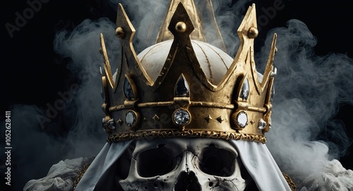 Rise and fall of an empire concept Crown of a pope - Skull wearing a crown - mist - fog - smoke - black background.