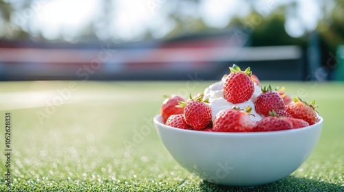 A bowl of fresh strawberries and cream resting on a tennis court with a blurred tennis stadium in the background photo