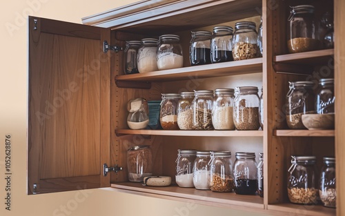 Open kitchen cabinet with glass jars filled with various dry goods, such as flour, sugar, beans, and nuts. photo