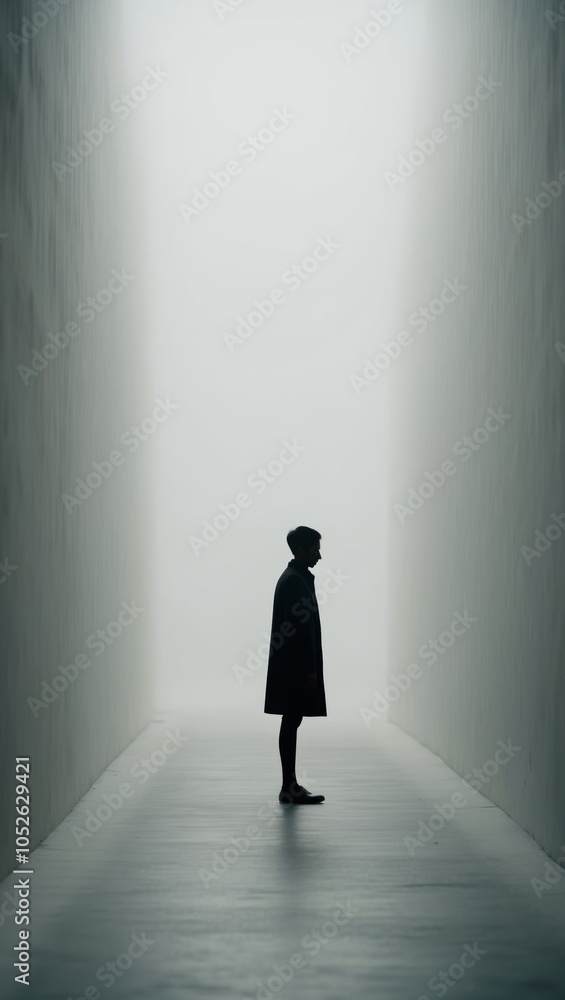 Obraz premium Silhouette of a Person Standing in a Foggy Passageway.