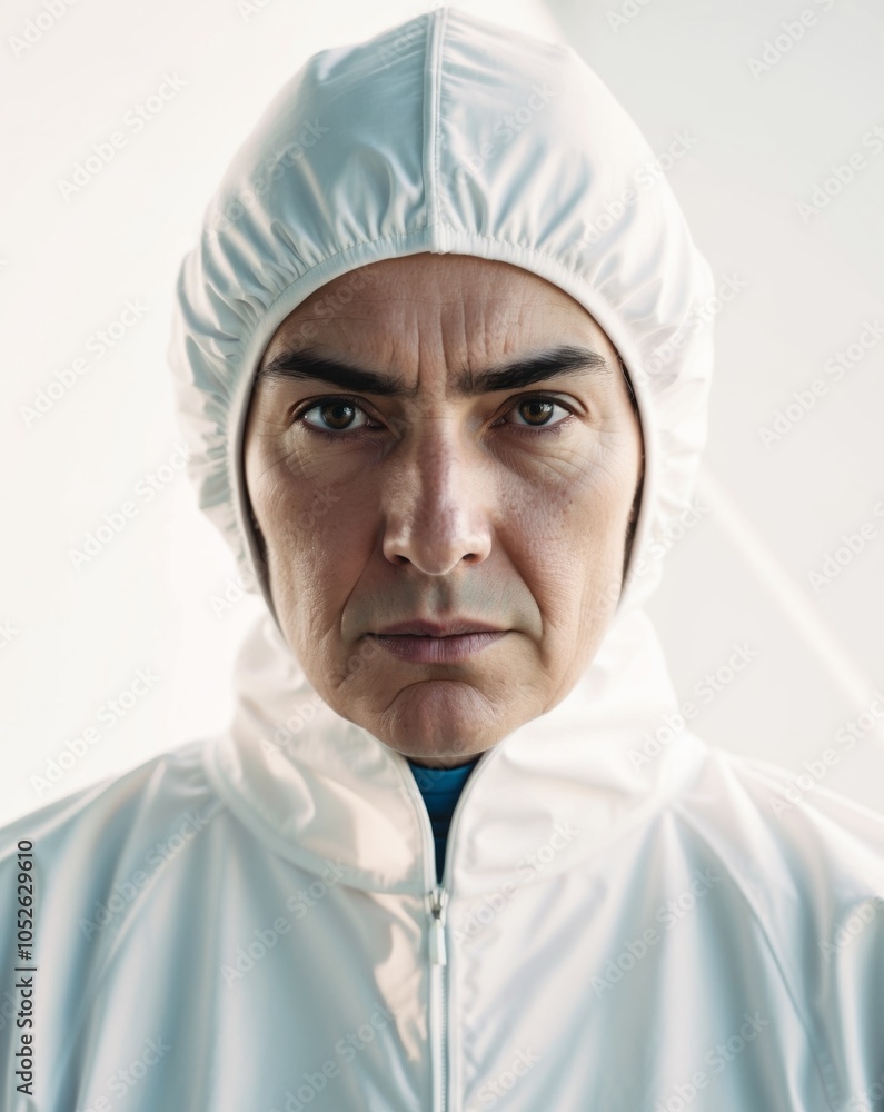 intense gaze of a person in protective gear. intense gaze of a person in protective gear.