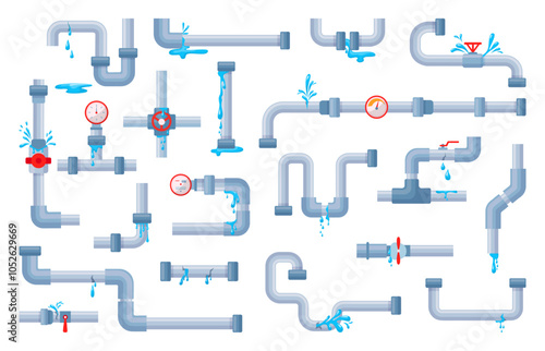 Isolated leaking pipes. Broken pipe, metal plastic water tube system with drops flow and puddles. Rupture and problems in piping, neoteric vector set