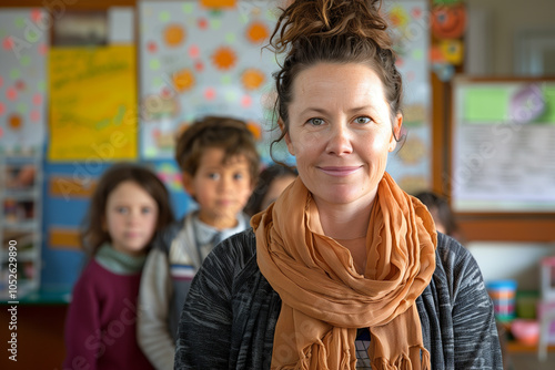 Photography of Australia school classroom scene with children in background and the teacher on front.	
