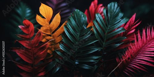 colorful tropical leaves on black background, leaves composition, floral background, manstera, palm leaves Tropical dark trend jungle in neon illuminated lighting. photo