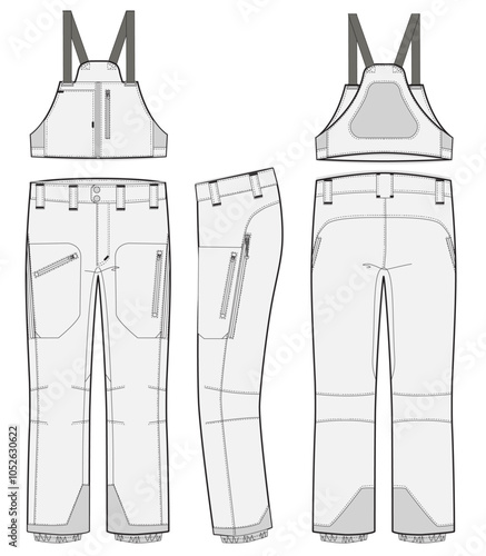 Convertible Snow Bib Winter Pants Technical Fashion Illustration Mock-up Template for Design and Tech Packs featuring Front, Side and Back Views