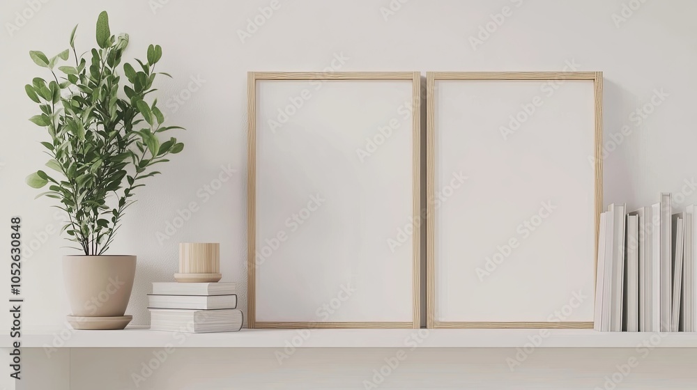 Fototapeta premium Minimalistic home decor of interior with two brown wooden mock-up photo frames on the white shelf with books, beautiful plant in stylish pot, and home accessories. White wall