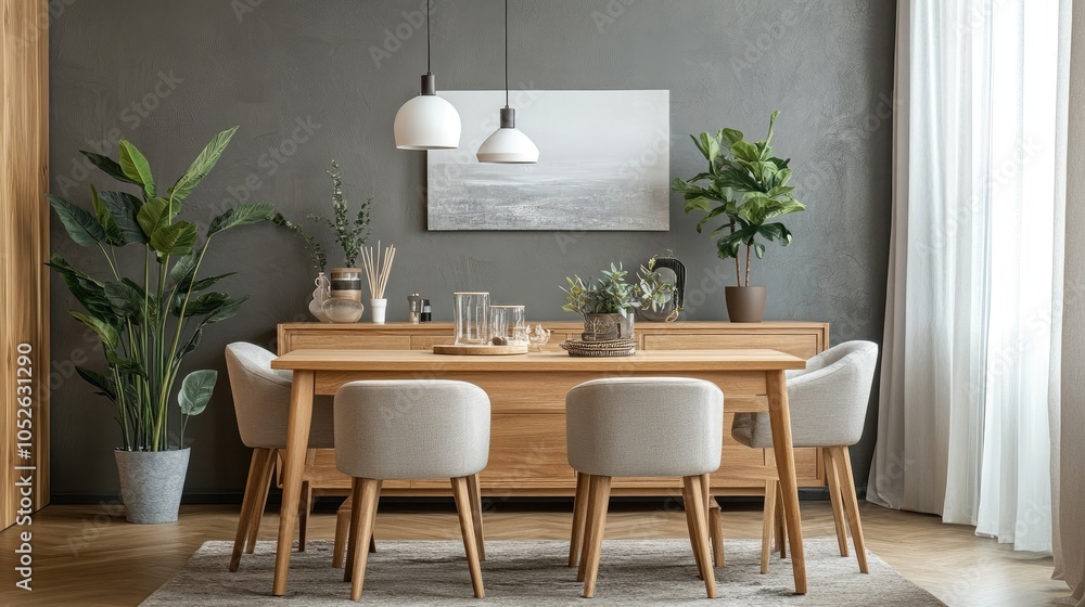 Modern and stylish dining room interior with wooden table, elegant chairs, and design decorations. Minimalistic interior design template with gray background wall Modern and stylish dining room interior with wooden table, elegant chairs, and design decorations. Minimalistic interior design template with gray background wall