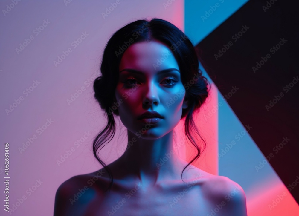 Enigmatic Beauty with Neon Red and Blue Lights. Enigmatic Beauty with Neon Red and Blue Lights.