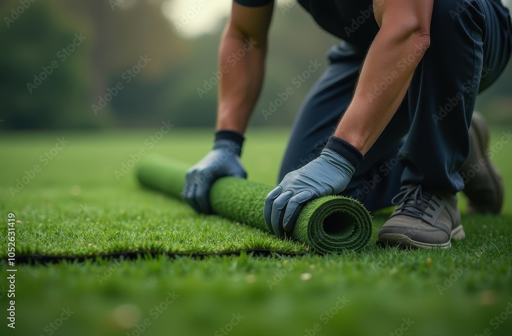 Fototapeta premium close-up of a man's hands in gloves laying green artificial turf on his property